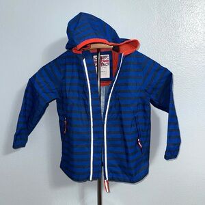 Mini Boden blue and black striped rain jacket with orange trim, size 3/4